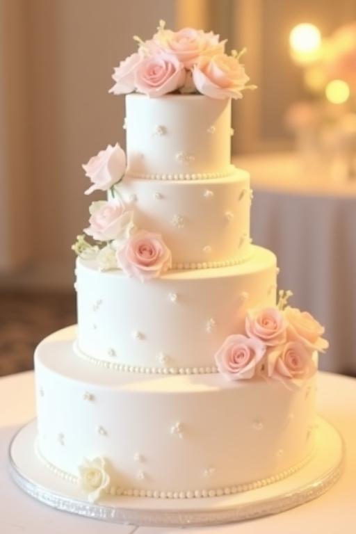 バラのデコレーションが施された白いウェディングケーキ