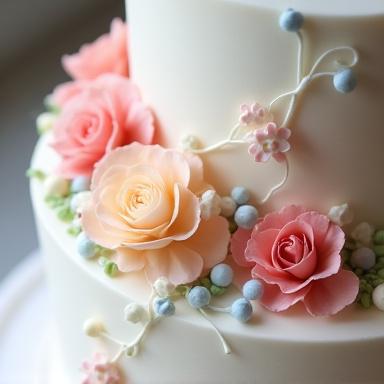 美しい花で飾られた記念日ケーキ